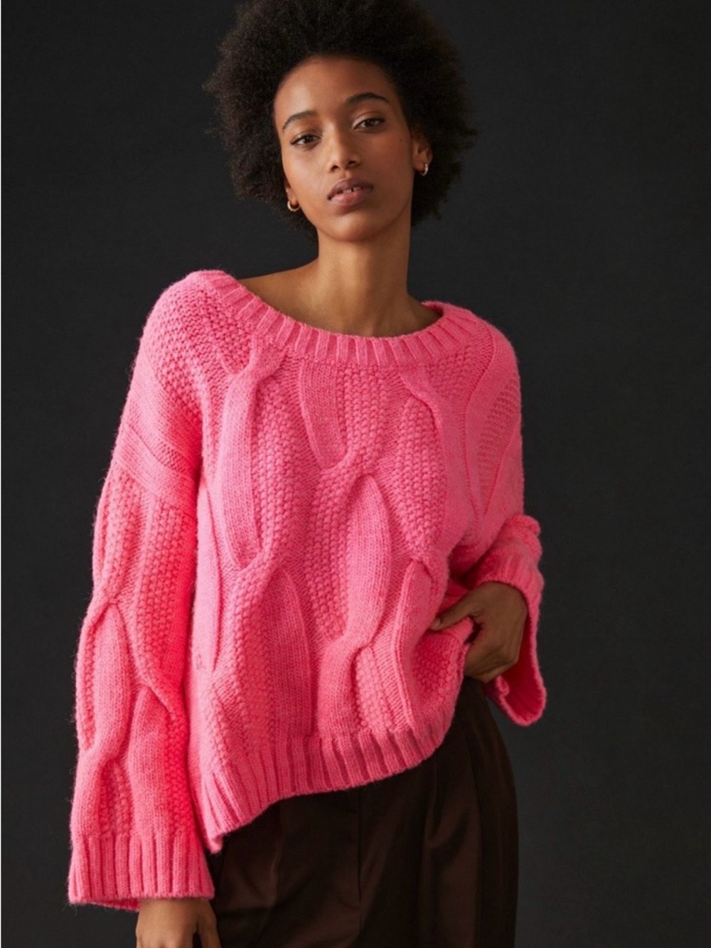 Anthropologie Cable-Knit Scoop-Neck Sweater in Bright Pink